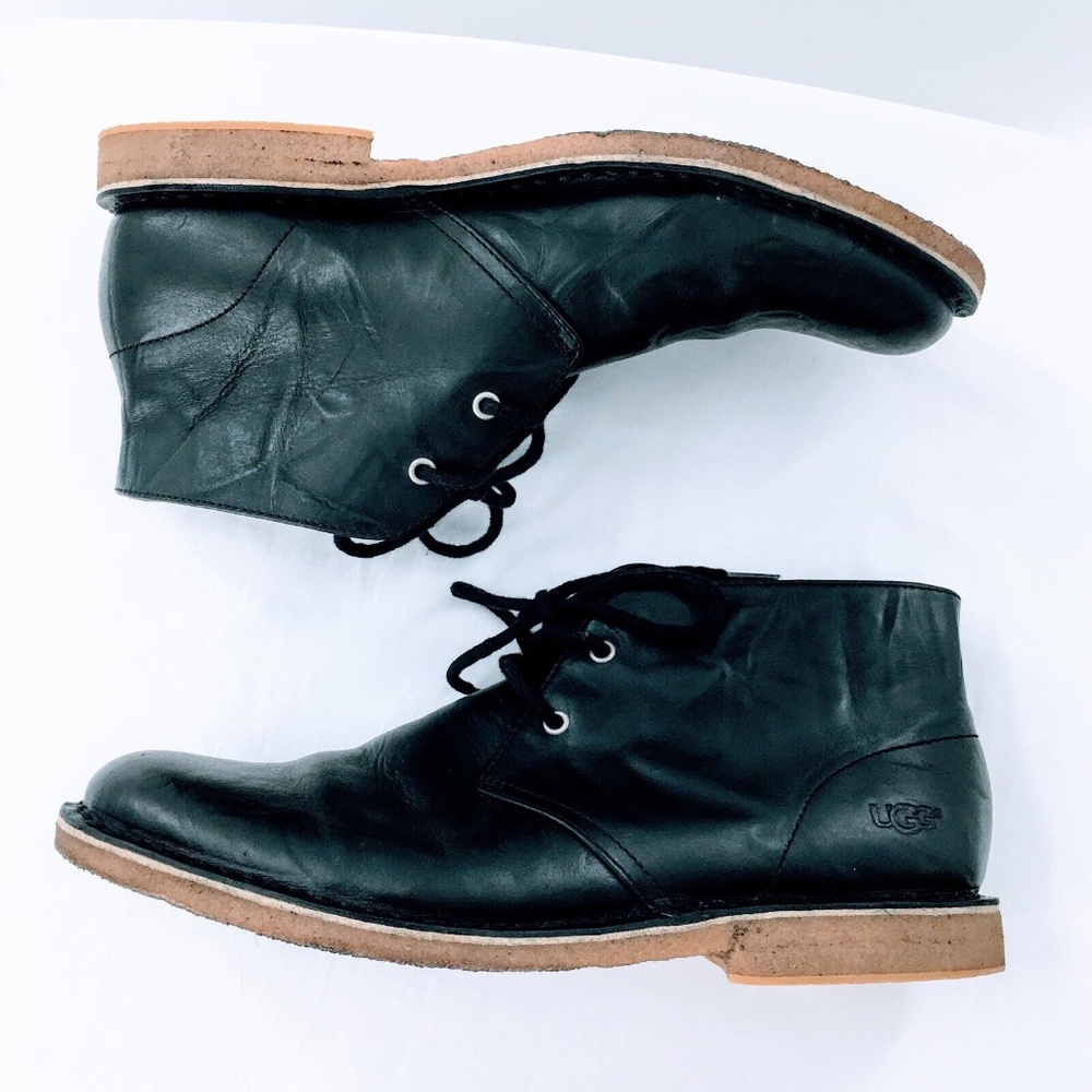 UGG Mens Chukka Boot Black Crinkled Leather Leighton Desert Shoe Crepe Sole 10.5 - Picture 5 of 13